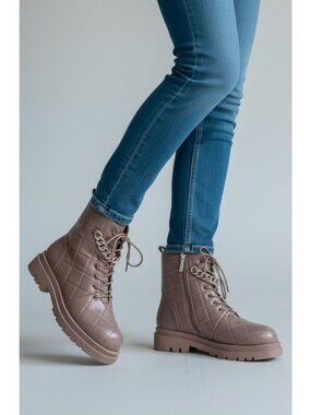 Taupe Quilted Combat Boots Lace Up Chain Detail Lug Sole Ankle Boots
